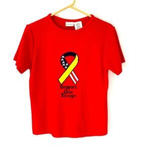 Vintage White Stag Red Knit Support Our Troops America USA Sweater short sleeve